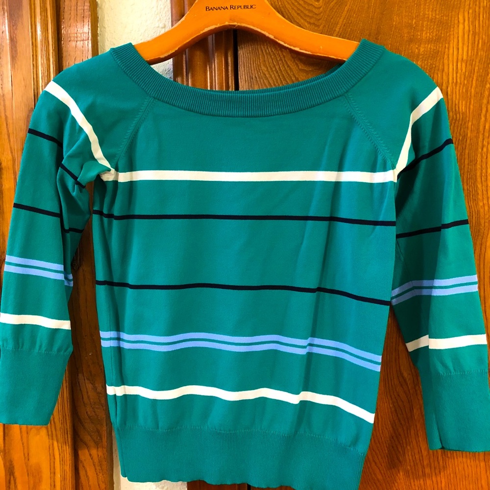 Ann Taylor green and blue striped 3/4 top size small